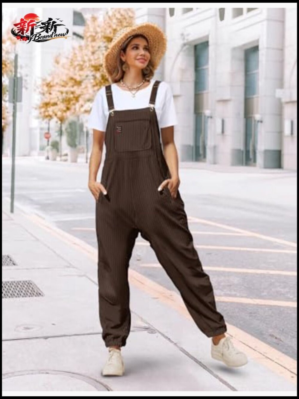 Women's Corduroy Overalls Sleeveless Adjustable Straps Loose Fit Harem Jumpsuit - Picture 2 of 7